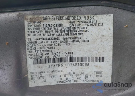 2003 Ford Taurus Se из США, поврежденный, VIN 1FAFP53U43A233028